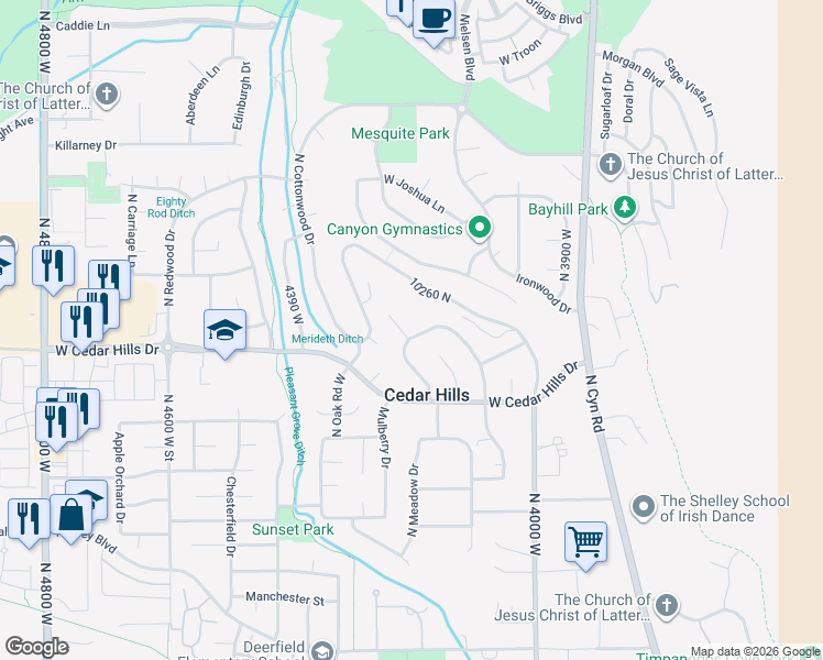 map of restaurants, bars, coffee shops, grocery stores, and more near 4198 North Sage Road East in Cedar Hills