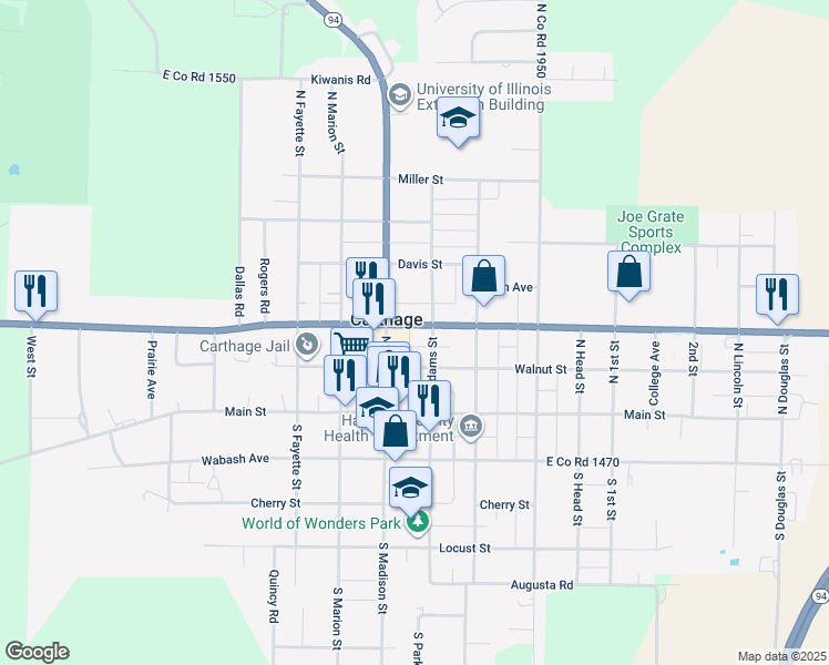map of restaurants, bars, coffee shops, grocery stores, and more near 500-550 County Road 1500 in Carthage