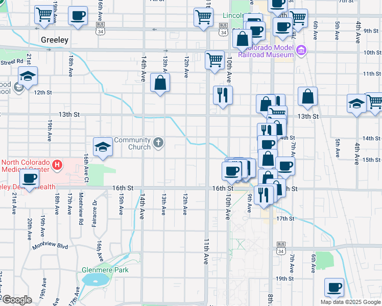map of restaurants, bars, coffee shops, grocery stores, and more near 1115 15th Street in Greeley