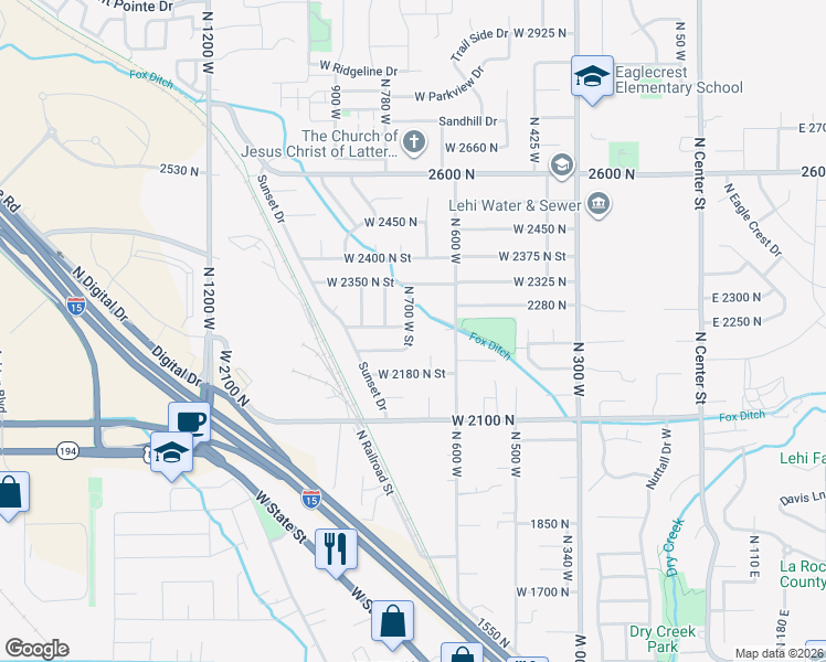 map of restaurants, bars, coffee shops, grocery stores, and more near 2254 North 700 West Street in Lehi