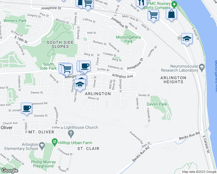 map of restaurants, bars, coffee shops, grocery stores, and more near 141 Cologne Street in Pittsburgh