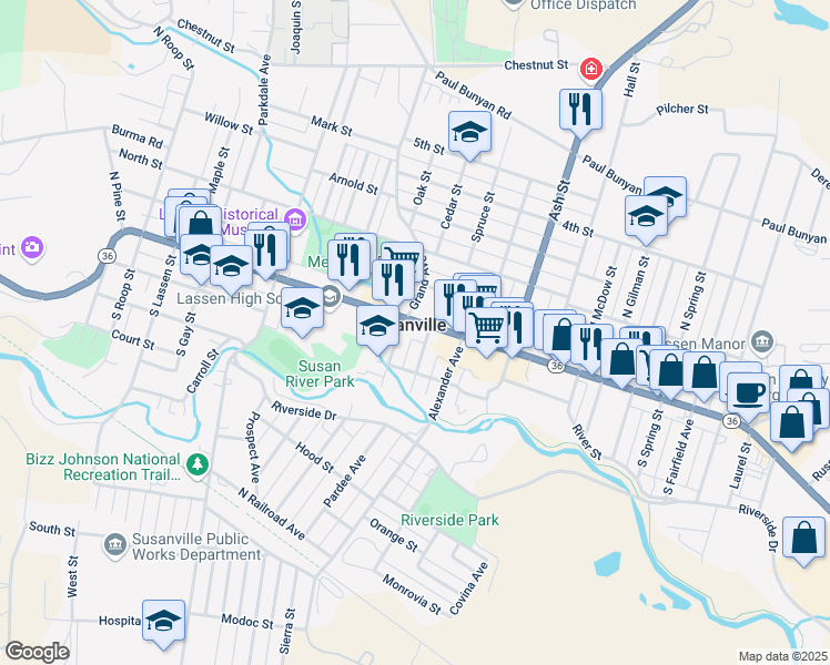map of restaurants, bars, coffee shops, grocery stores, and more near in Susanville