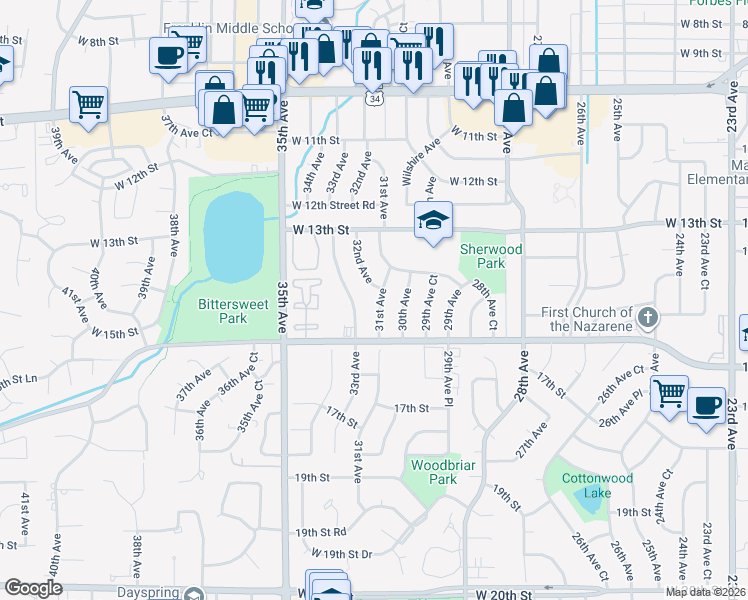 map of restaurants, bars, coffee shops, grocery stores, and more near 1501 31st Avenue in Greeley