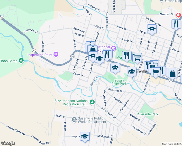 map of restaurants, bars, coffee shops, grocery stores, and more near 205 South Gay Street in Susanville