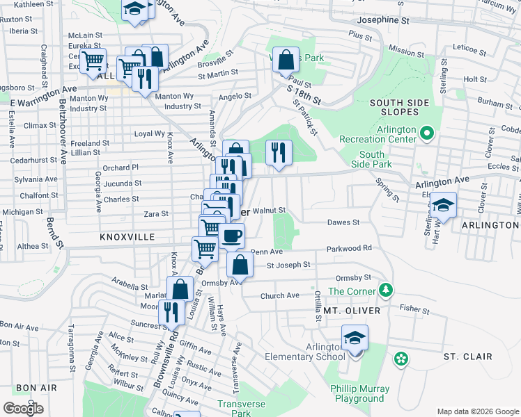 map of restaurants, bars, coffee shops, grocery stores, and more near 428 Walnut Street in Pittsburgh