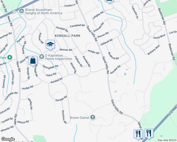 map of restaurants, bars, coffee shops, grocery stores, and more near 148 Kendall Road in South Brunswick Township