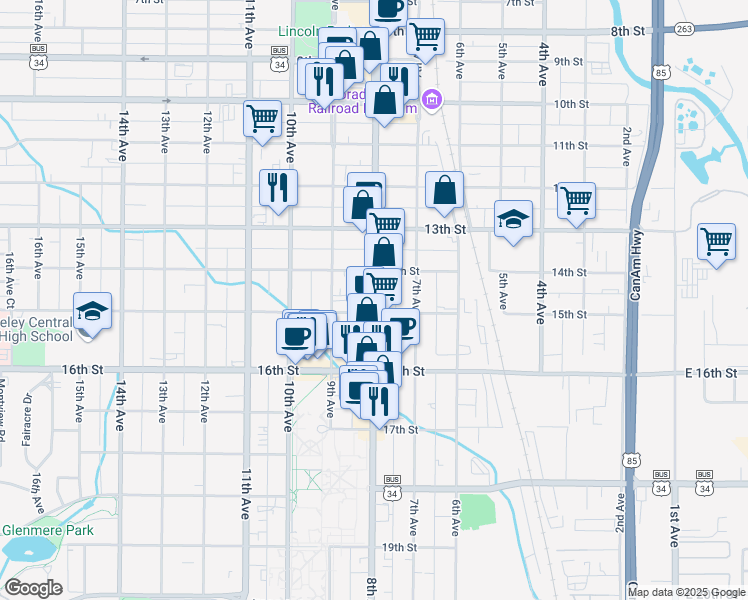 map of restaurants, bars, coffee shops, grocery stores, and more near 1424 8th Avenue in Greeley
