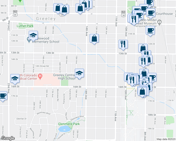 map of restaurants, bars, coffee shops, grocery stores, and more near 1424 14th Avenue in Greeley