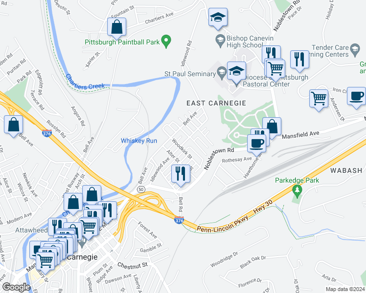 map of restaurants, bars, coffee shops, grocery stores, and more near 902 Idlewood Avenue in Carnegie