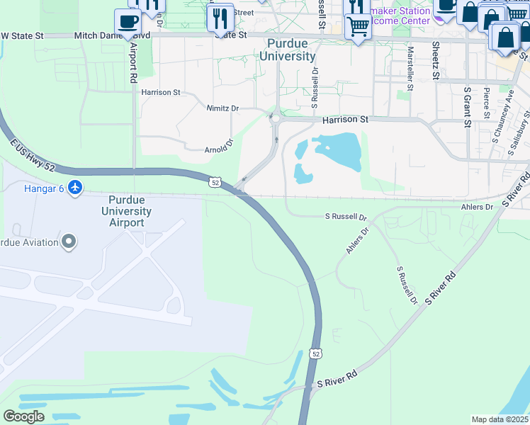 map of restaurants, bars, coffee shops, grocery stores, and more near U.S. 231 in West Lafayette