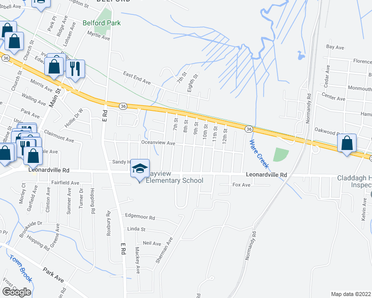 map of restaurants, bars, coffee shops, grocery stores, and more near 167 8th Street in Middletown