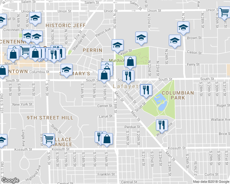 map of restaurants, bars, coffee shops, grocery stores, and more near 1699 Main Street in Lafayette