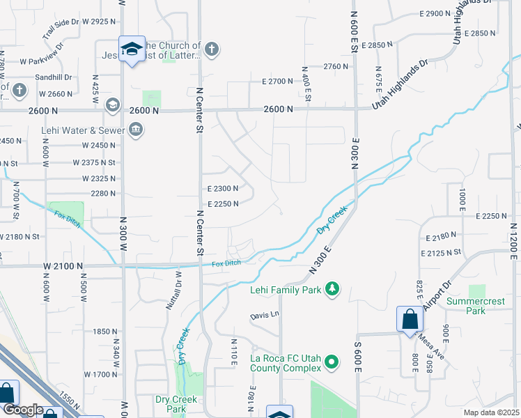 map of restaurants, bars, coffee shops, grocery stores, and more near 187 East 2200 North in Lehi