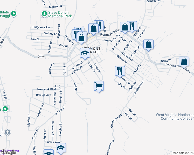 map of restaurants, bars, coffee shops, grocery stores, and more near 256 South 12th Street in Weirton