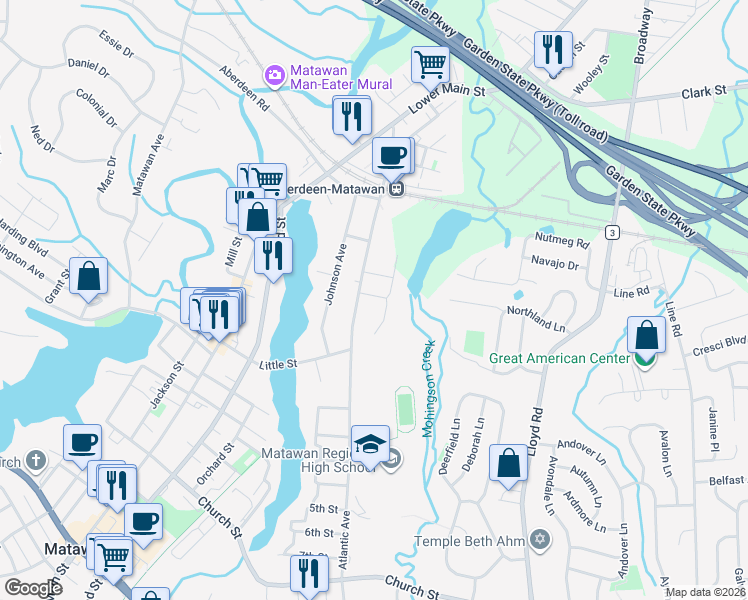 map of restaurants, bars, coffee shops, grocery stores, and more near 45 Lenny Court in Matawan