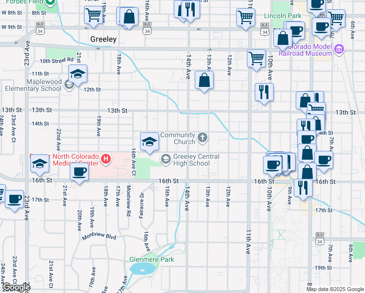 map of restaurants, bars, coffee shops, grocery stores, and more near 1424 14th Avenue in Greeley