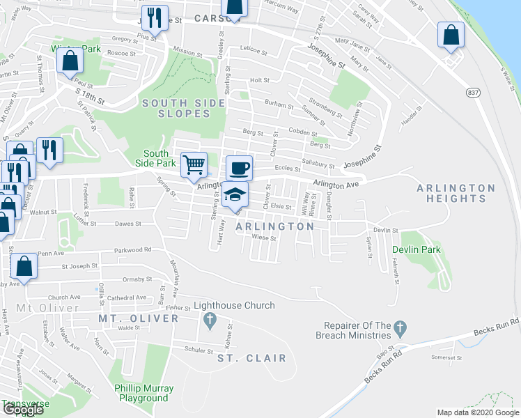 map of restaurants, bars, coffee shops, grocery stores, and more near 2416 Spring Street in Pittsburgh
