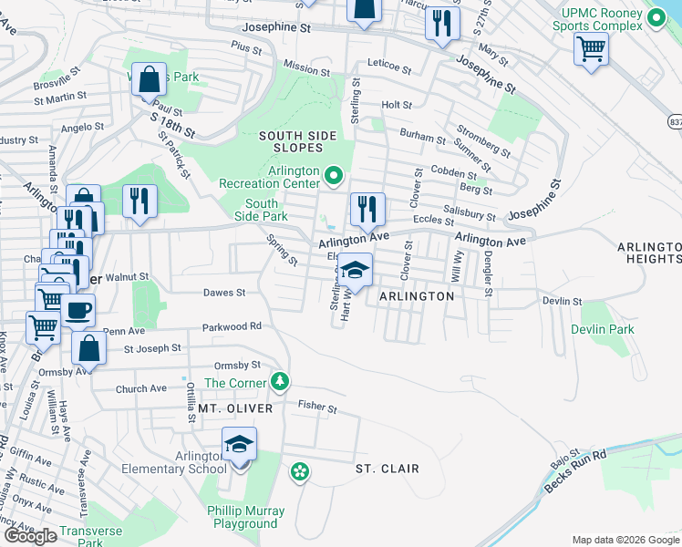 map of restaurants, bars, coffee shops, grocery stores, and more near 2318 Spring Street in Pittsburgh