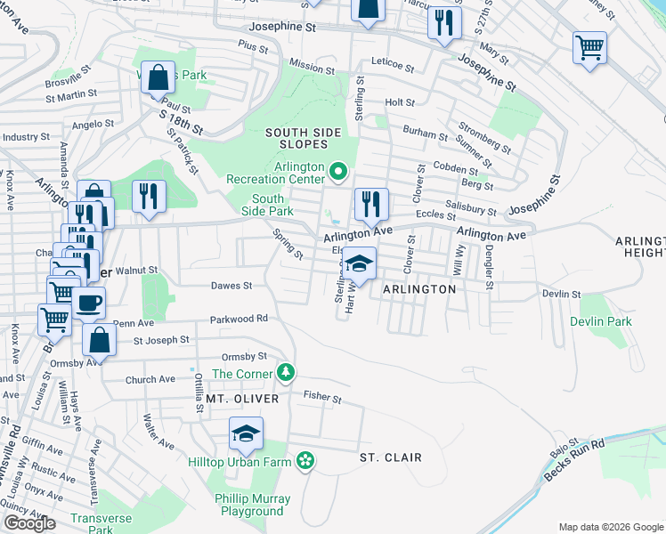 map of restaurants, bars, coffee shops, grocery stores, and more near 2214 Spring Street in Pittsburgh