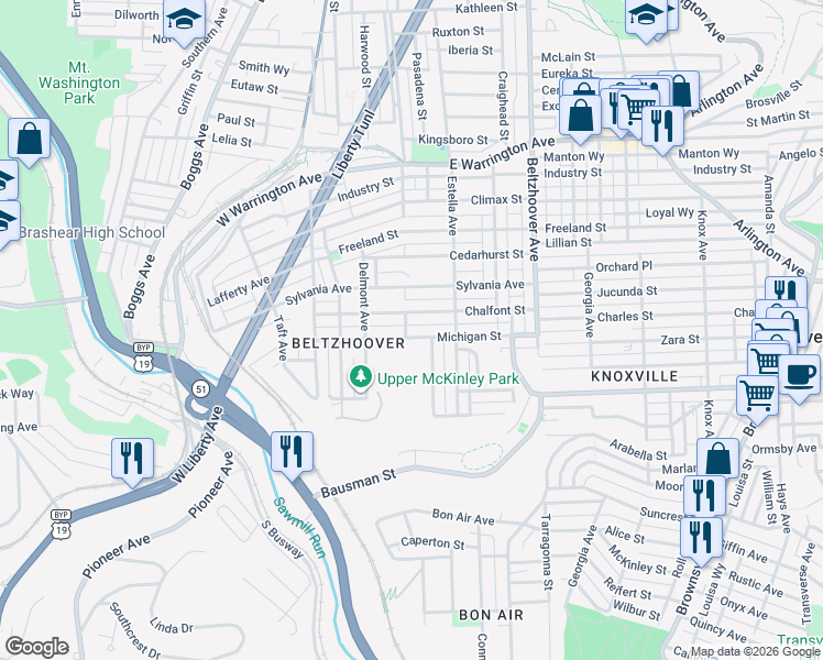 map of restaurants, bars, coffee shops, grocery stores, and more near 235 Michigan Street in Pittsburgh
