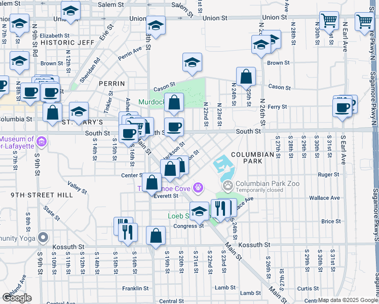 map of restaurants, bars, coffee shops, grocery stores, and more near 1902 Thompson Street in Lafayette