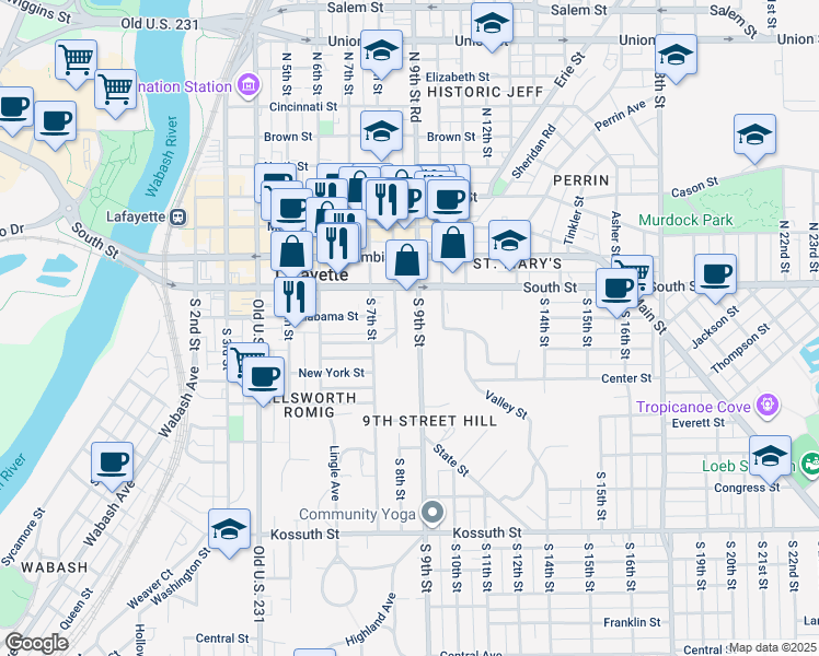 map of restaurants, bars, coffee shops, grocery stores, and more near 115 South 8th Street in Lafayette