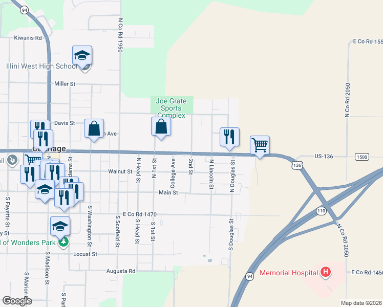 map of restaurants, bars, coffee shops, grocery stores, and more near 200 2nd Street in Carthage
