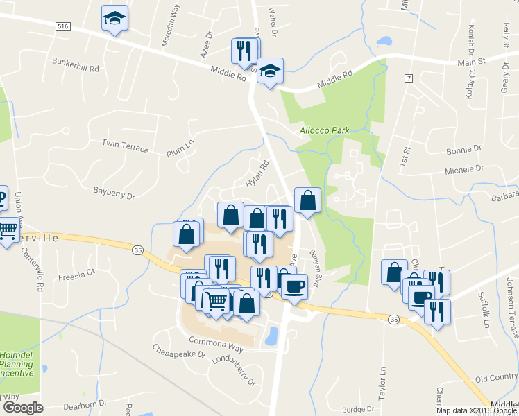 map of restaurants, bars, coffee shops, grocery stores, and more near 9 Meadow Lane in Holmdel