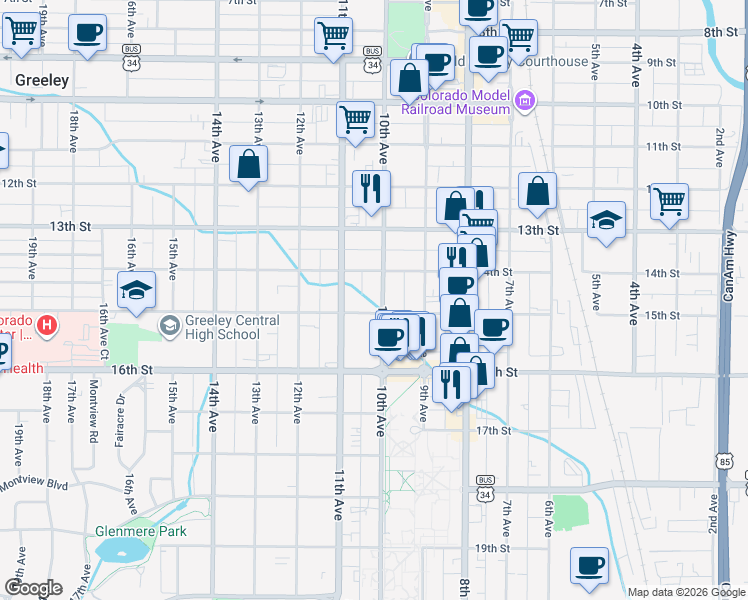 map of restaurants, bars, coffee shops, grocery stores, and more near 1017 15th Street in Greeley