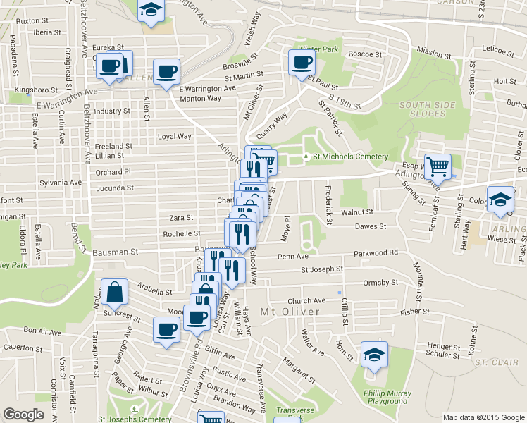 map of restaurants, bars, coffee shops, grocery stores, and more near 141 Locust Street in Pittsburgh