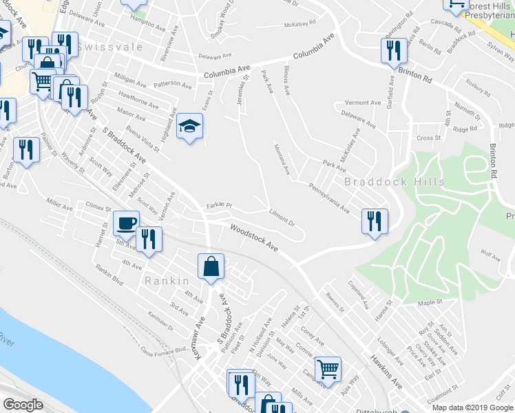 map of restaurants, bars, coffee shops, grocery stores, and more near 20 Farkas Place in Pittsburgh