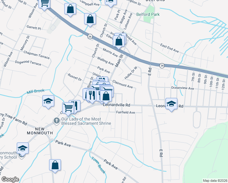 map of restaurants, bars, coffee shops, grocery stores, and more near 129 Maple Avenue in Middletown Township