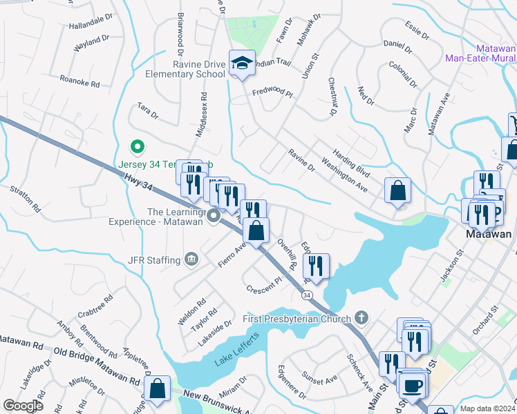 map of restaurants, bars, coffee shops, grocery stores, and more near 47 Beechwood Terrace in Matawan