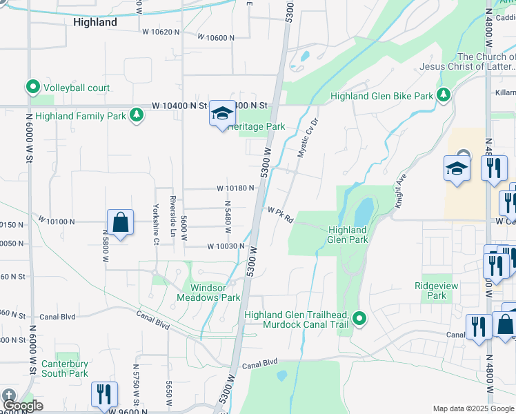 map of restaurants, bars, coffee shops, grocery stores, and more near 10131 Alpine Highway in Highland