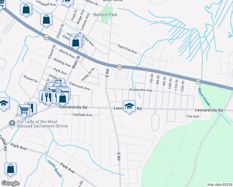map of restaurants, bars, coffee shops, grocery stores, and more near 179 Orchard Avenue in Belford