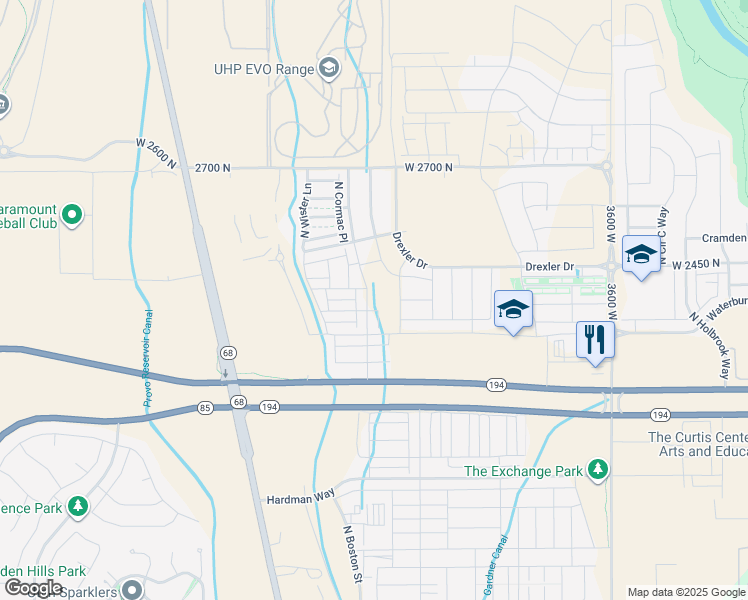 map of restaurants, bars, coffee shops, grocery stores, and more near 2332 North Sunmore Way in Lehi