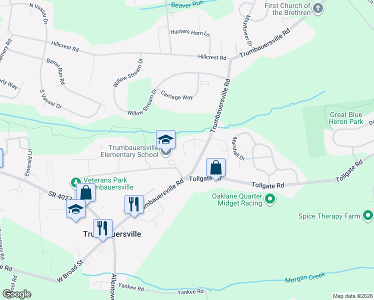 map of restaurants, bars, coffee shops, grocery stores, and more near 1731 Pine Creek Drive in Quakertown