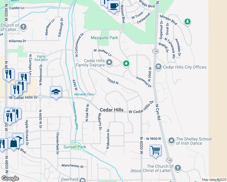 map of restaurants, bars, coffee shops, grocery stores, and more near West Sage Road in Cedar Hills