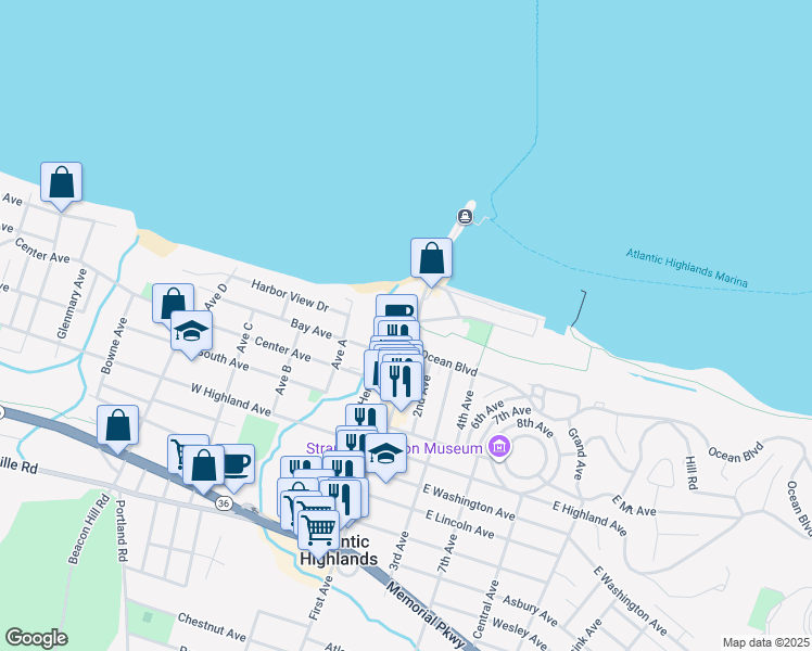 map of restaurants, bars, coffee shops, grocery stores, and more near 15 First Avenue in Atlantic Highlands