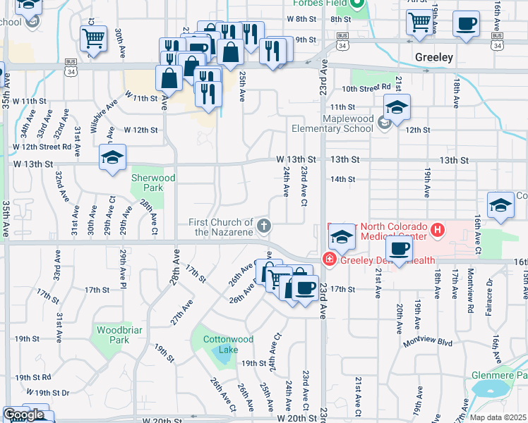 map of restaurants, bars, coffee shops, grocery stores, and more near 2503 West 15th Street in Greeley
