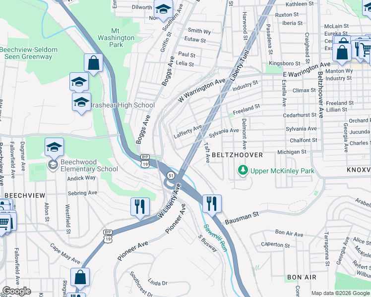 map of restaurants, bars, coffee shops, grocery stores, and more near 28 Sylvania Avenue in Pittsburgh