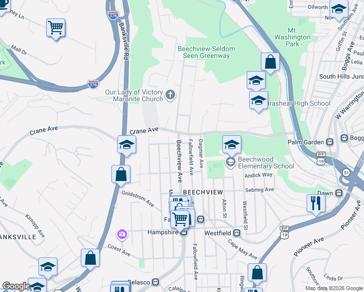 map of restaurants, bars, coffee shops, grocery stores, and more near 1303 Beechview Avenue in Pittsburgh