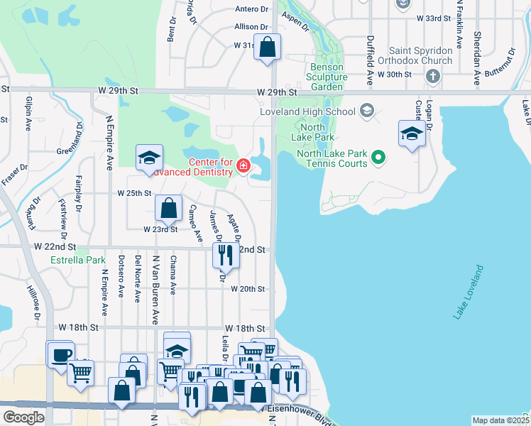 map of restaurants, bars, coffee shops, grocery stores, and more near 2413 North Taft Avenue in Loveland