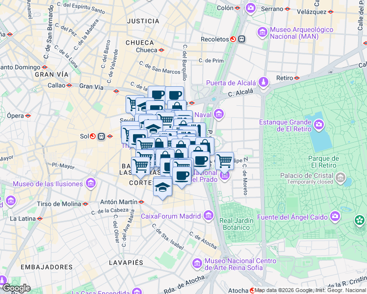 map of restaurants, bars, coffee shops, grocery stores, and more near 2 Plaza de las Cortes in Madrid