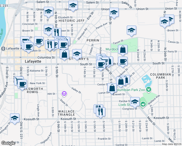 map of restaurants, bars, coffee shops, grocery stores, and more near 1427 Alabama Street in Lafayette