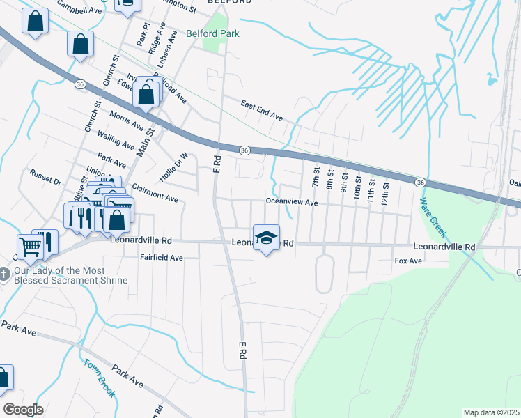 map of restaurants, bars, coffee shops, grocery stores, and more near 170 Oakes Avenue in Middletown Township
