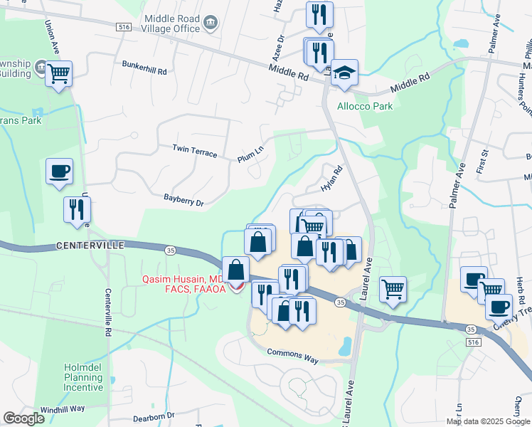 map of restaurants, bars, coffee shops, grocery stores, and more near 24 Alpine Road in Holmdel