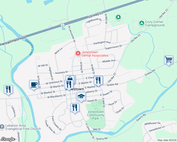 map of restaurants, bars, coffee shops, grocery stores, and more near 128 East Swatara Drive in Jonestown