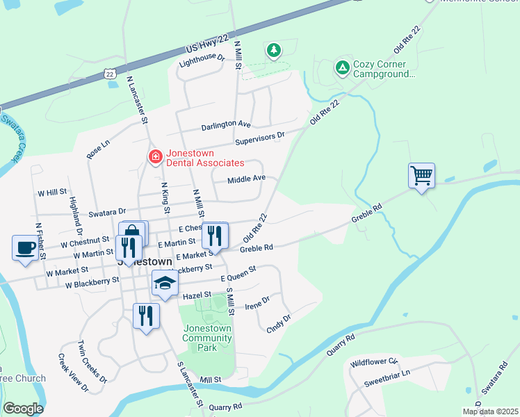map of restaurants, bars, coffee shops, grocery stores, and more near 117 Swatara Circle in Jonestown