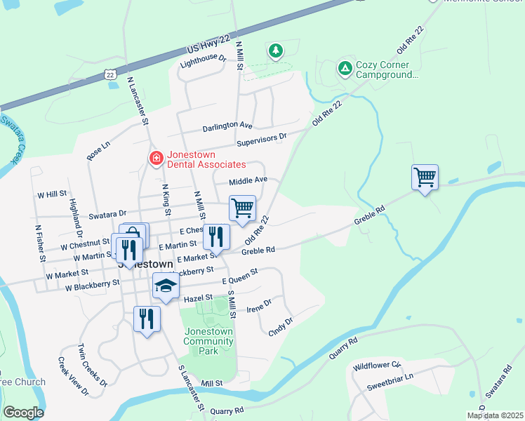 map of restaurants, bars, coffee shops, grocery stores, and more near 117 Swatara Circle in Jonestown